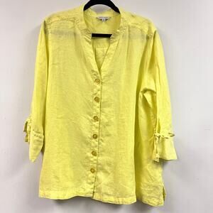 Women's John Mark 100% Linen 1X soft yellow button front relaxed fit blouse